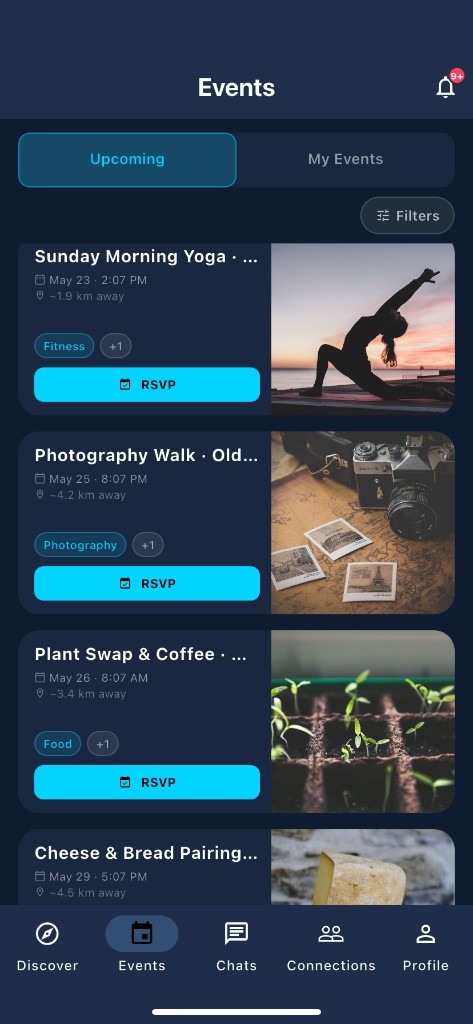 Upcoming events guests can browse and RSVP