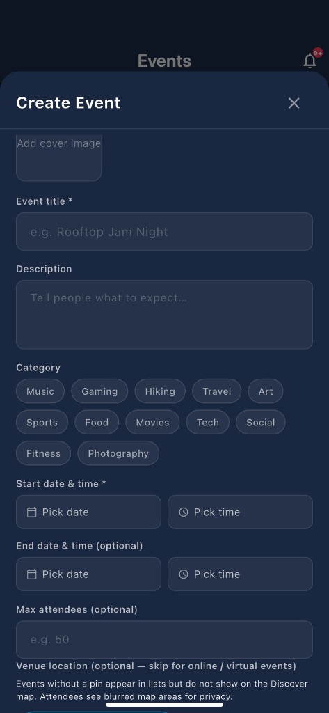 Create event — title, timing, venue or virtual